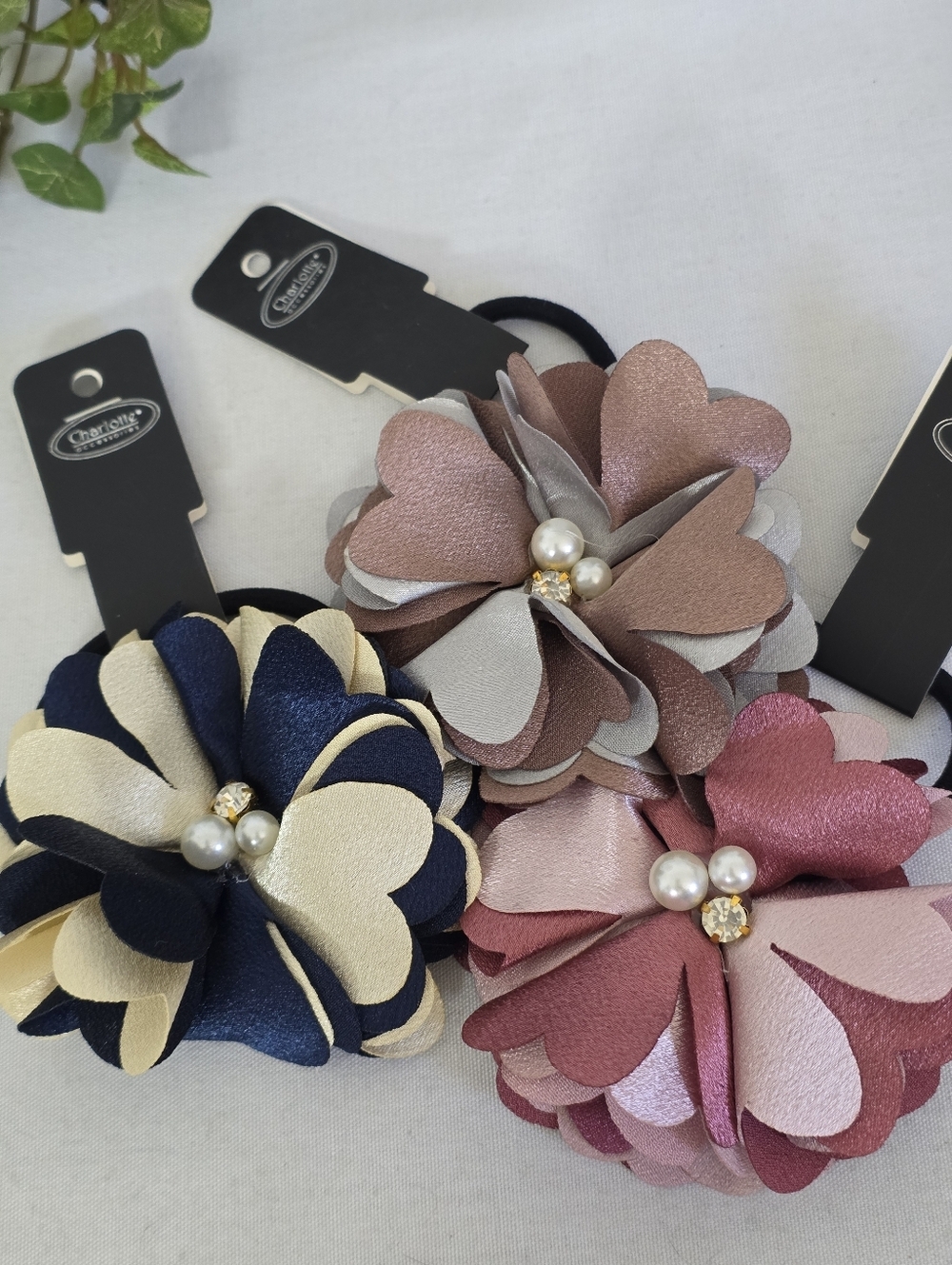 Set Of Three Shimmer Flower Hair Ties Pearls Rhinestone
